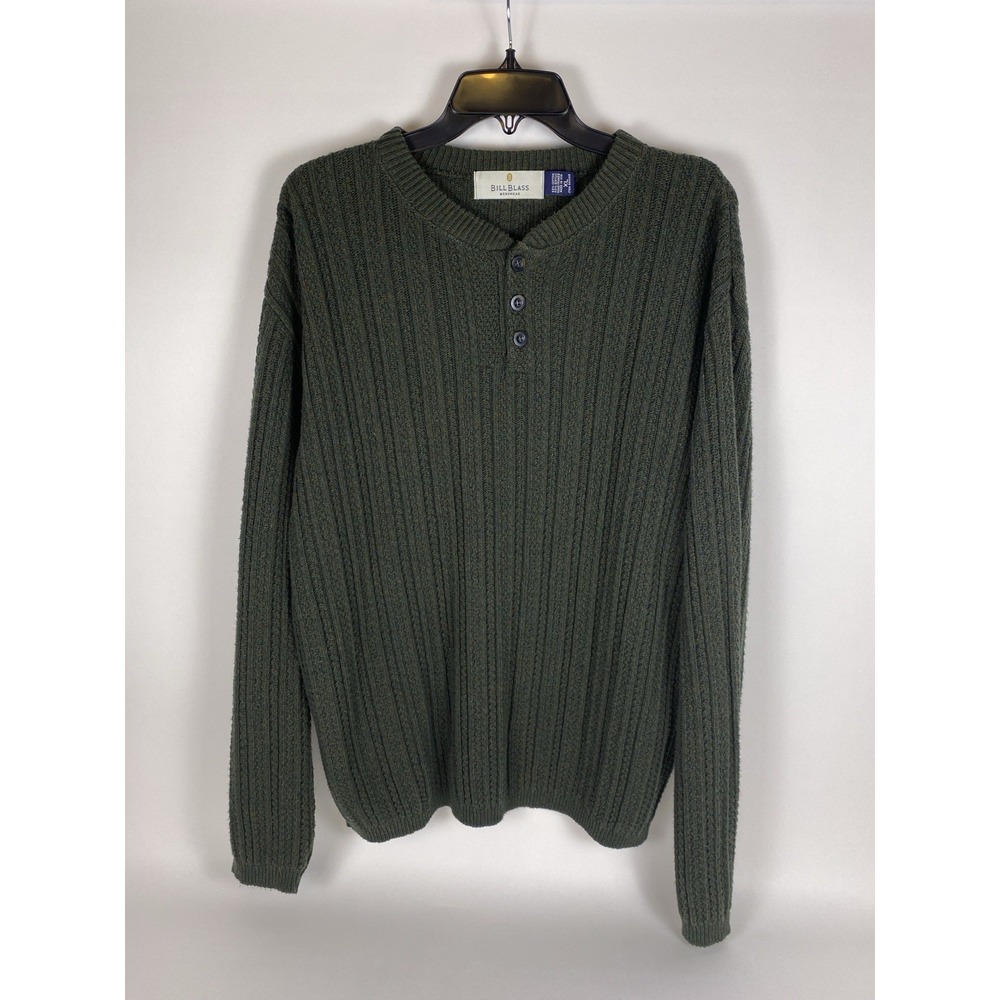Bill Blass Sweater Men XL Green Chunky Knit Heavyweight Fisherman Henley VTG USA